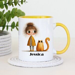 Personalize Name Adorable Girl & Cat Kids Mug, Whimsical Cup